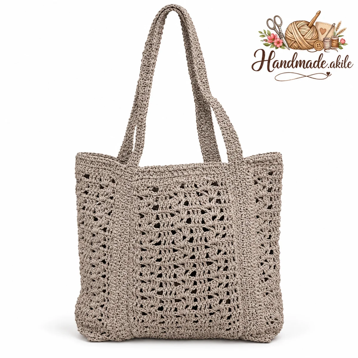 Kağıt İp El Örgüsü Plaj ve Omuz Çantası – Ajurlu 40 × 35 cm – Taş - görsel 3