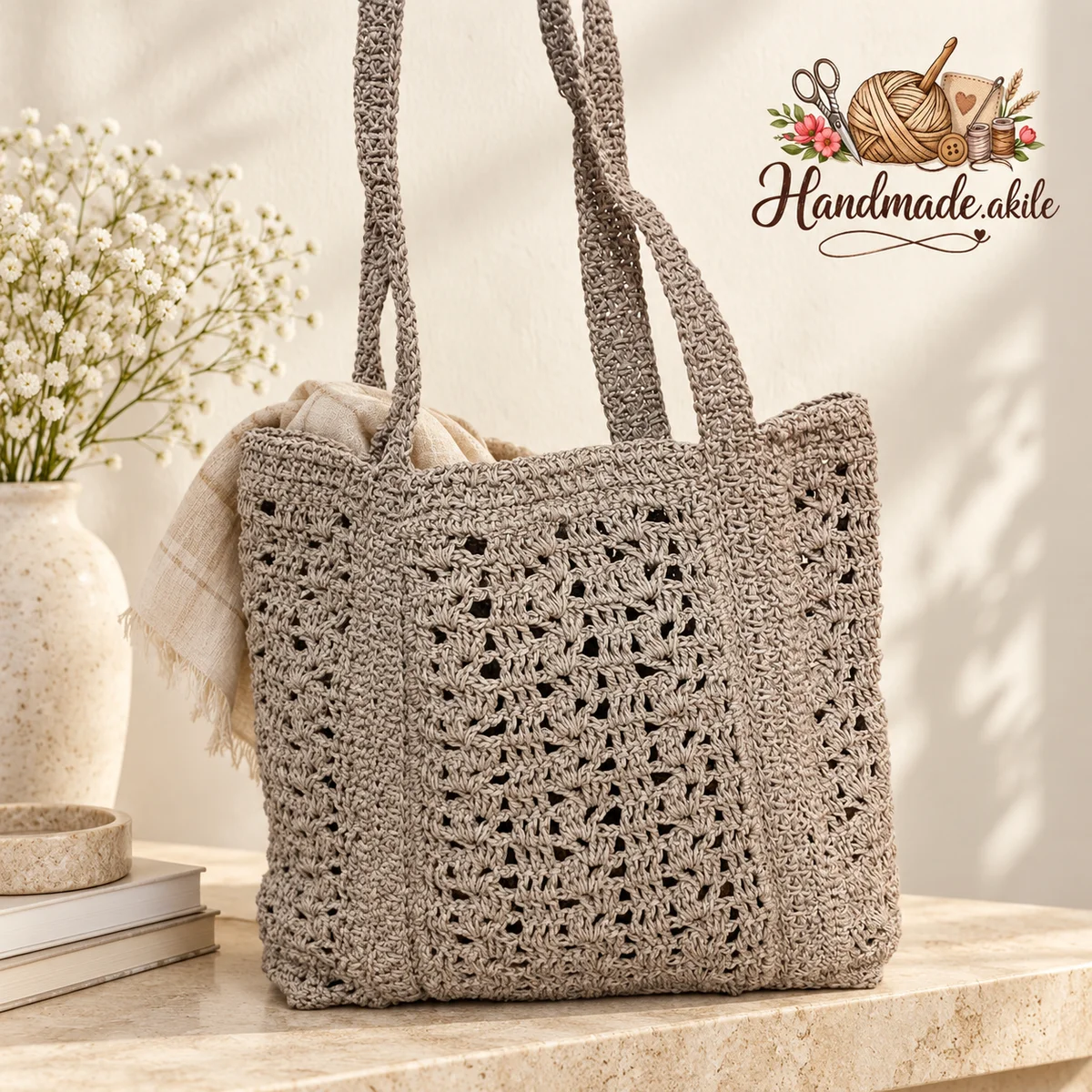 Kağıt İp El Örgüsü Plaj ve Omuz Çantası – Ajurlu 40 × 35 cm – Taş - görsel 2