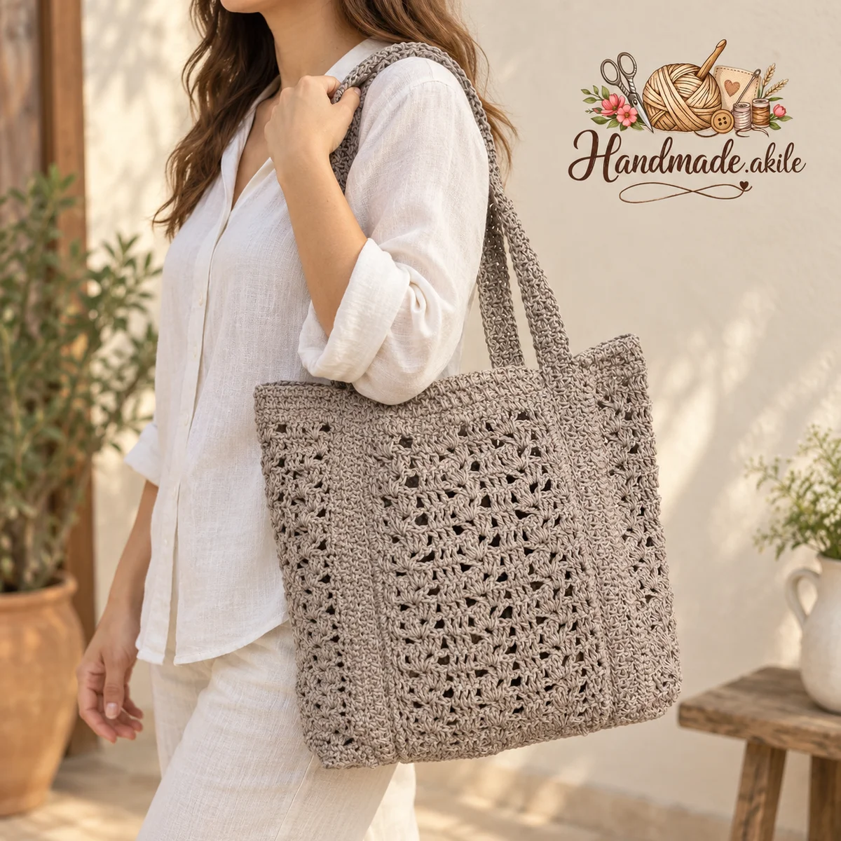 Kağıt İp El Örgüsü Plaj ve Omuz Çantası – Ajurlu 40 × 35 cm – Taş - görsel 1