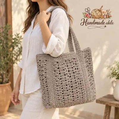 Kağıt İp El Örgüsü Plaj ve Omuz Çantası – Ajurlu 40 × 35 cm – Taş