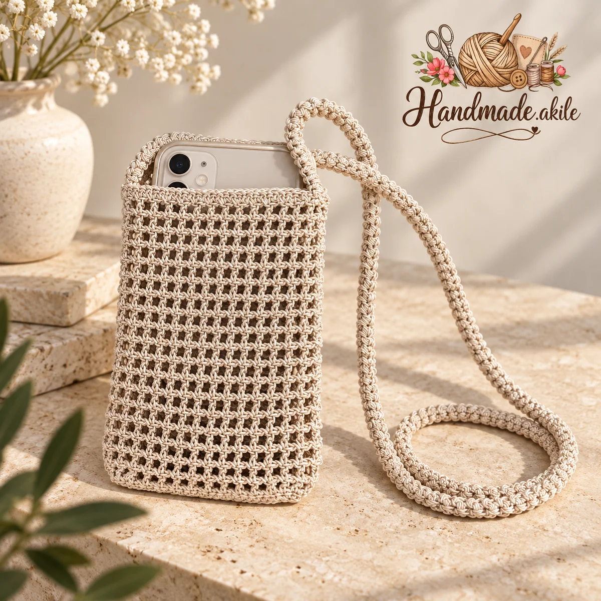 El Örgüsü Telefon Çantası – Askılı Bohem Mini Çanta – Bej - görsel 4