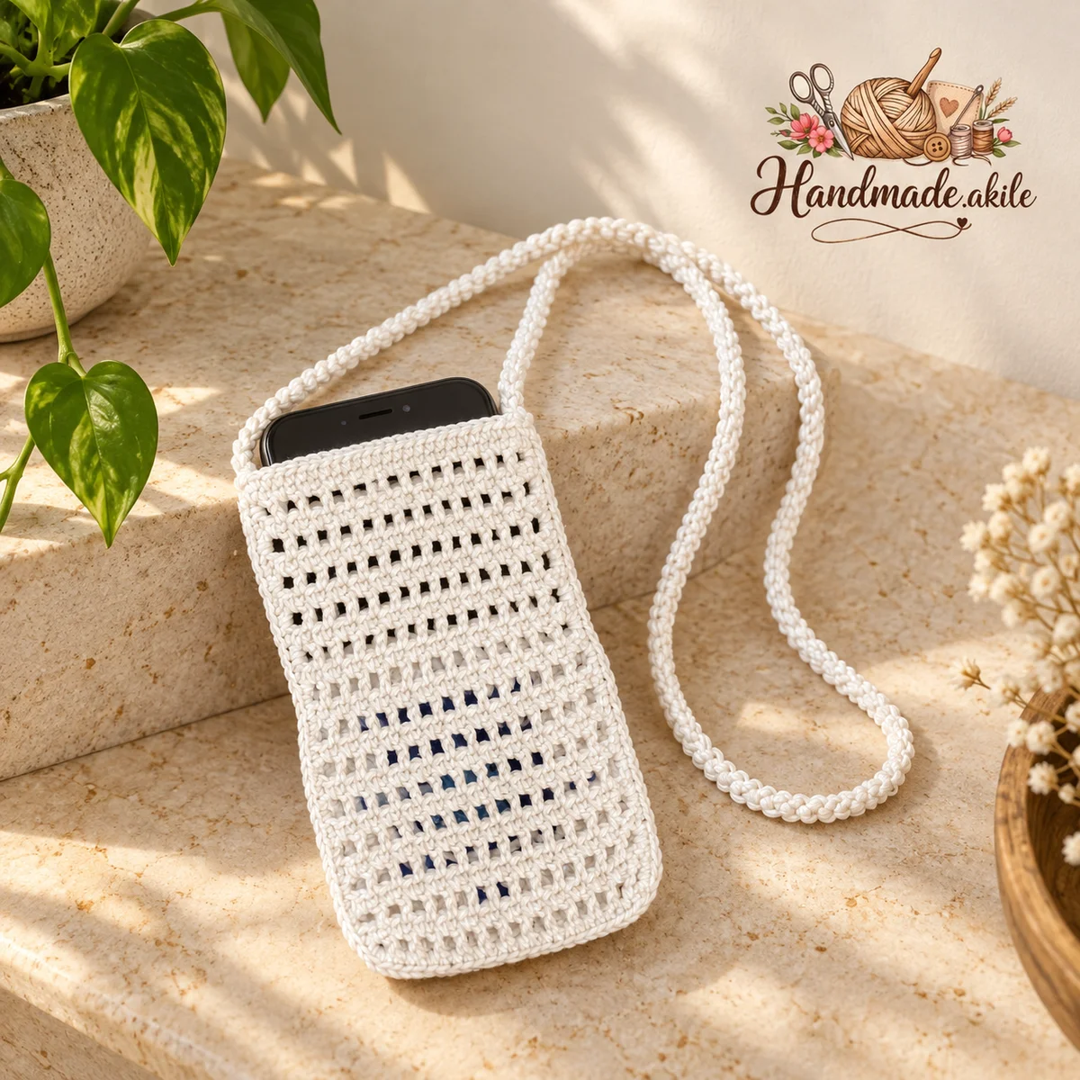 El Örgüsü Telefon Çantası – Mavi Çiçek Motifli – Beyaz - görsel 2