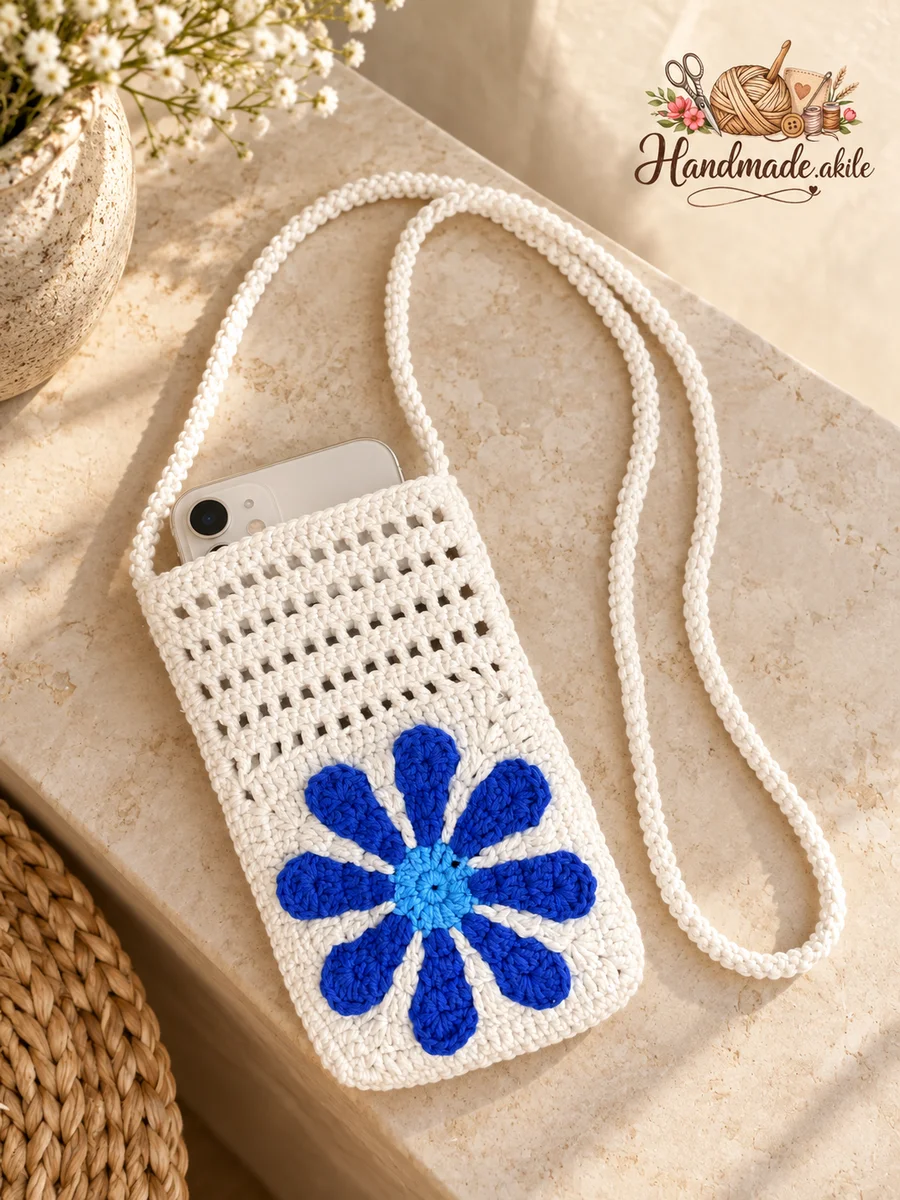 El Örgüsü Telefon Çantası – Mavi Çiçek Motifli – Beyaz - görsel 5