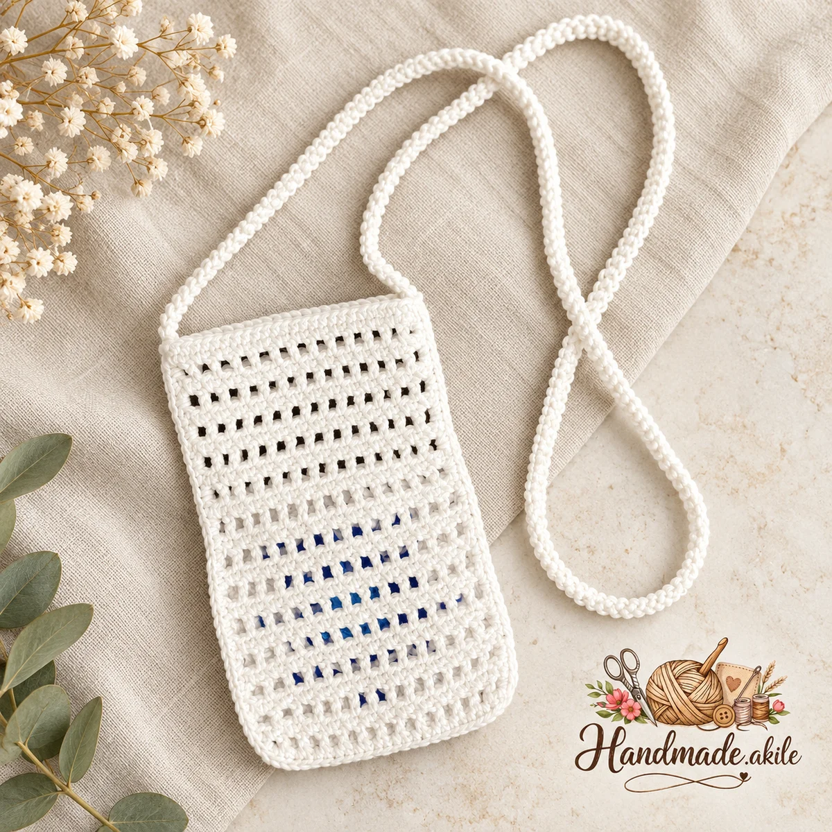 El Örgüsü Telefon Çantası – Mavi Çiçek Motifli – Beyaz - görsel 6