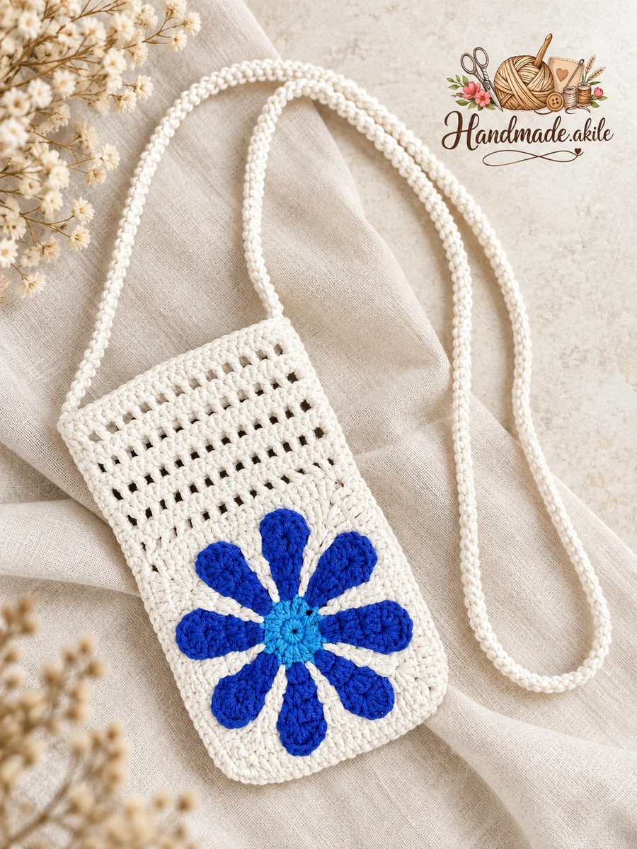 El Örgüsü Telefon Çantası – Mavi Çiçek Motifli – Beyaz - görsel 4
