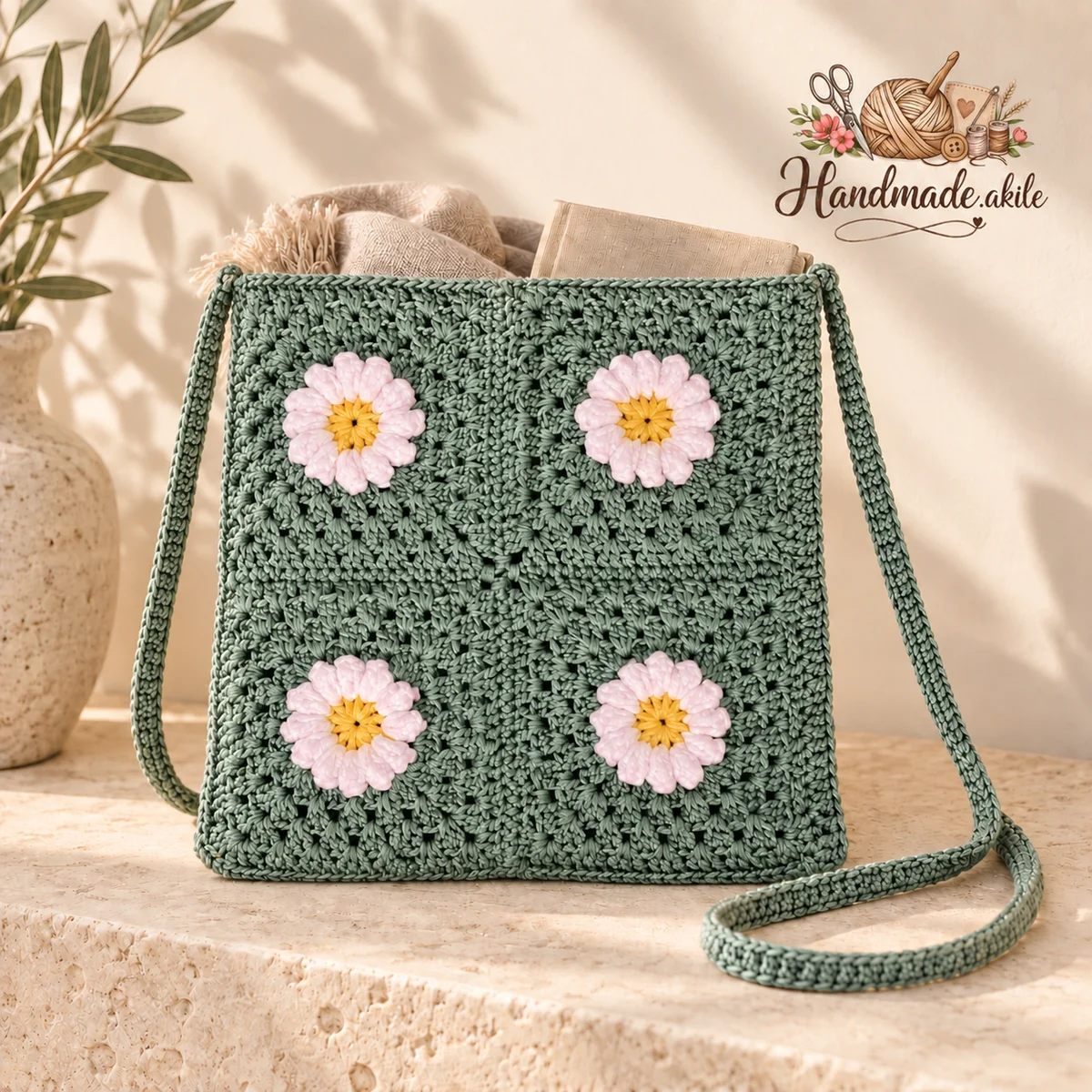 El Örgüsü Papatya Motifli Omuz Çantası – Bohem Tığ İşi – Yeşil - görsel 3