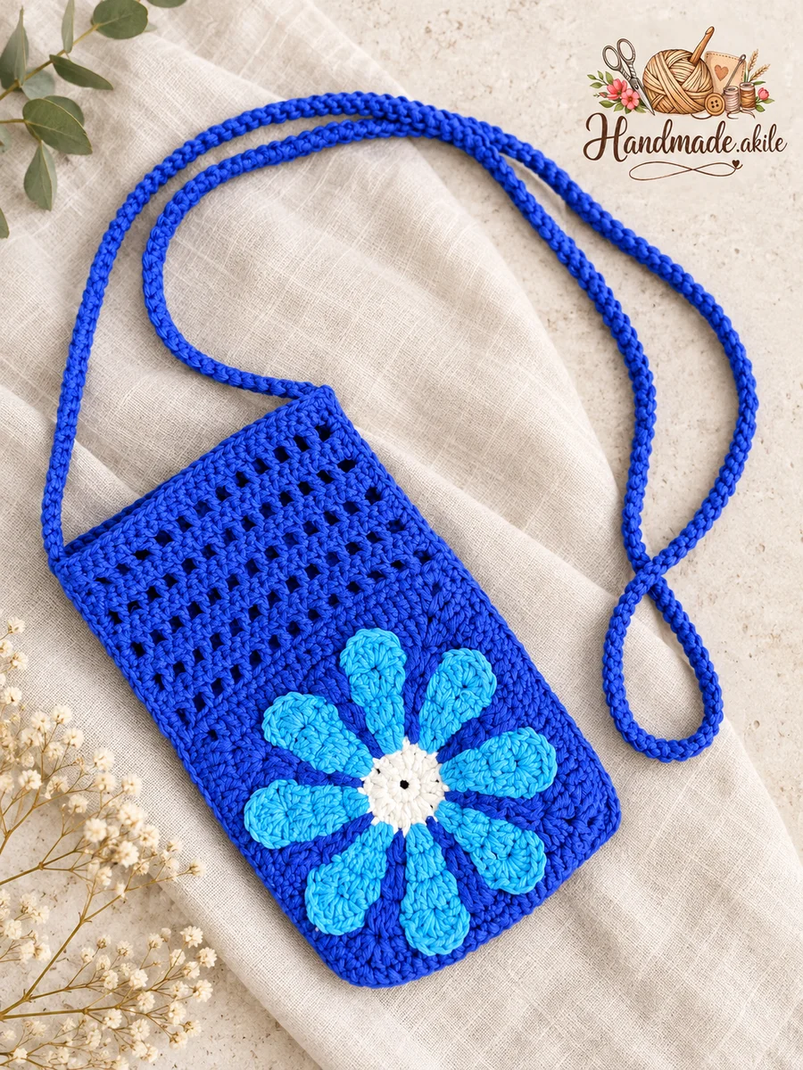 El Örgüsü Telefon Çantası – Açık Mavi Çiçek Motifli – Saks Mavisi - görsel 4